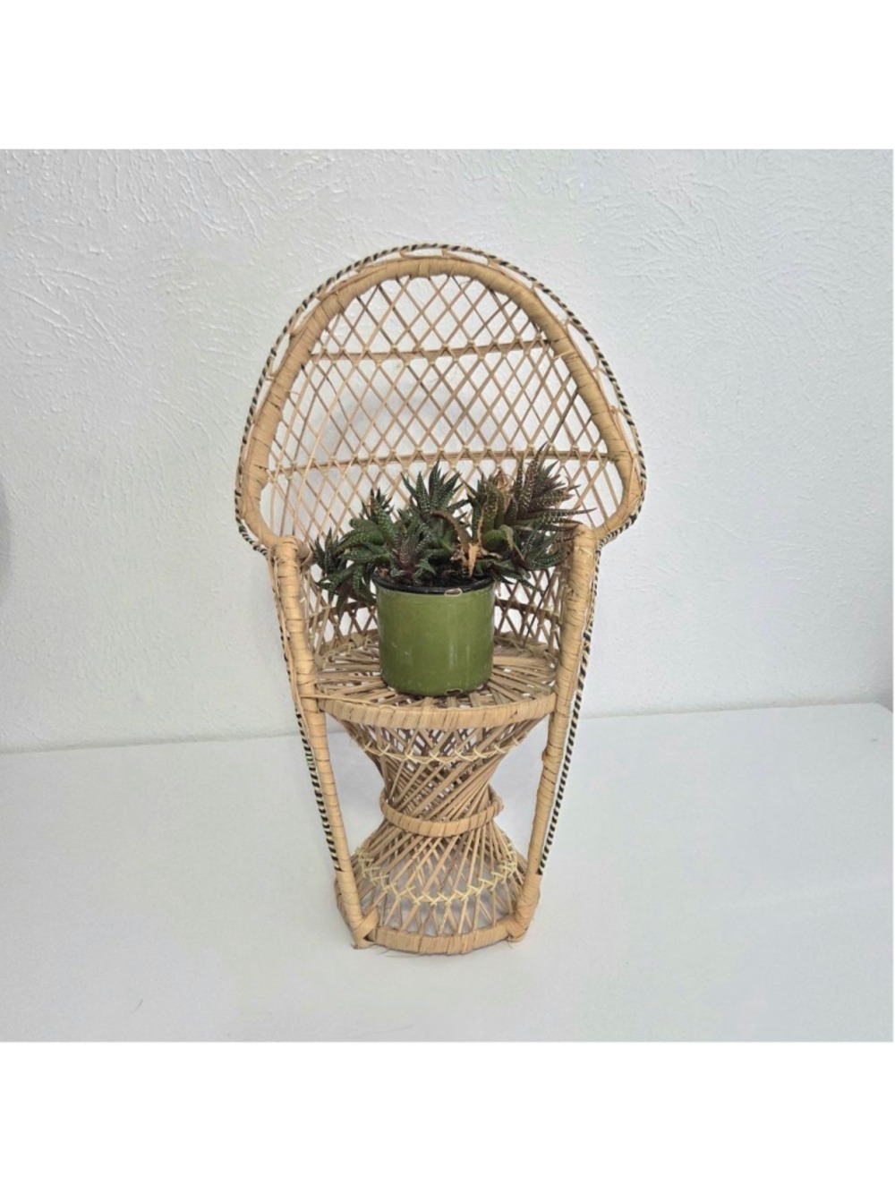 Vintage Miniature Wicker Rattan Peacock Chair Plant Stand Branded Trim Natural